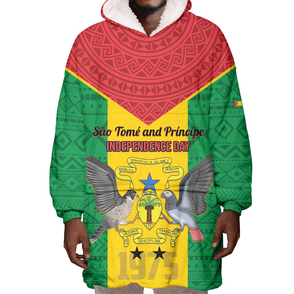 Sao Tome and Principe Independence Day Wearable Blanket Hoodie Coat Of Arms Mix African Pattern