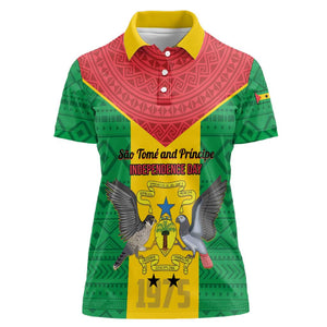 Sao Tome and Principe Independence Day Women Polo Shirt Coat Of Arms Mix African Pattern