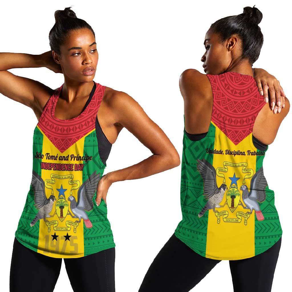 Sao Tome and Principe Independence Day Women Racerback Tank Coat Of Arms Mix African Pattern