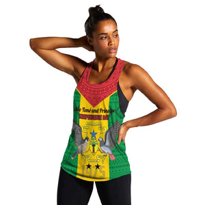 Sao Tome and Principe Independence Day Women Racerback Tank Coat Of Arms Mix African Pattern