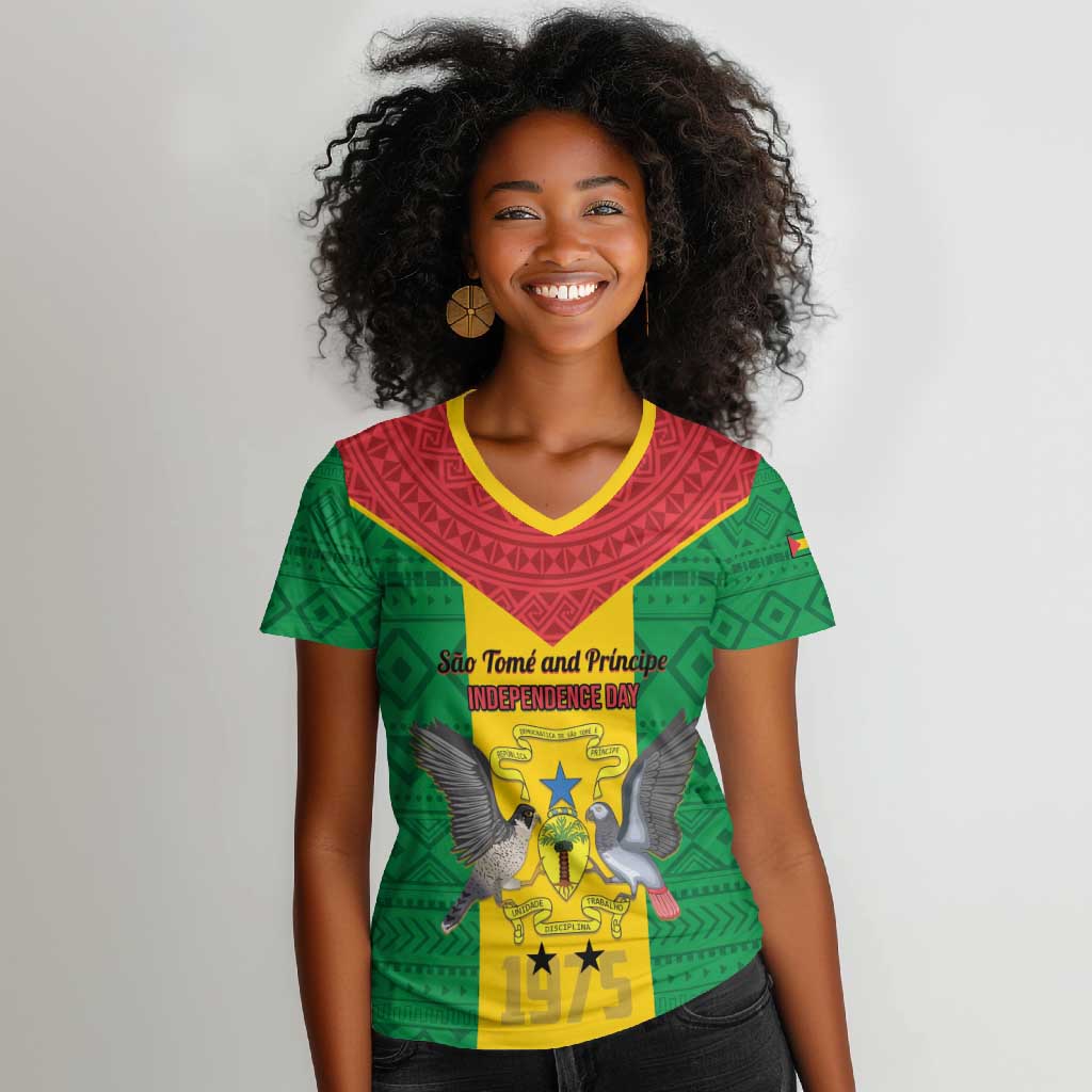 Sao Tome and Principe Independence Day Women V-Neck T-Shirt Coat Of Arms Mix African Pattern