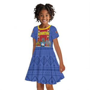 Eswatini African Pattern Kid Short Sleeve Dress Swaziland Shield Siyinqaba