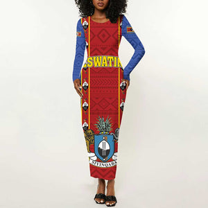 Eswatini African Pattern Long Sleeve Bodycon Dress Swaziland Shield Siyinqaba