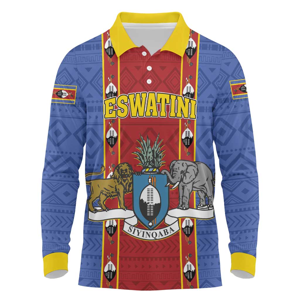 Eswatini African Pattern Long Sleeve Polo Shirt Swaziland Shield Siyinqaba