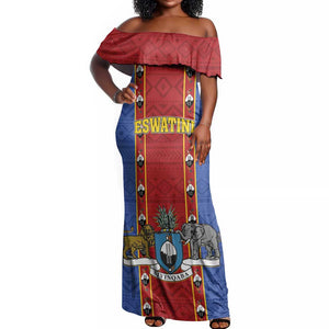 Eswatini African Pattern Off Shoulder Maxi Dress Swaziland Shield Siyinqaba