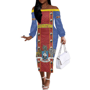 Eswatini African Pattern Off The Shoulder Long Sleeve Dress Swaziland Shield Siyinqaba