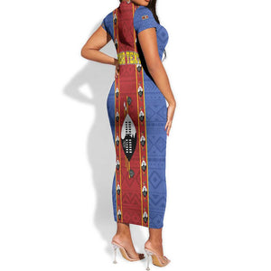 Eswatini African Pattern Short Sleeve Bodycon Dress Swaziland Shield Siyinqaba