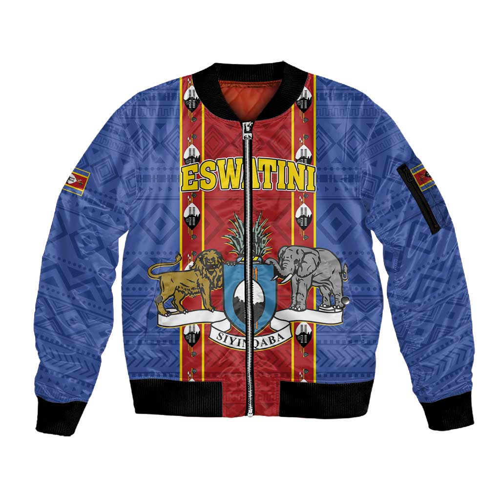 Eswatini African Pattern Sleeve Zip Bomber Jacket Swaziland Shield Siyinqaba