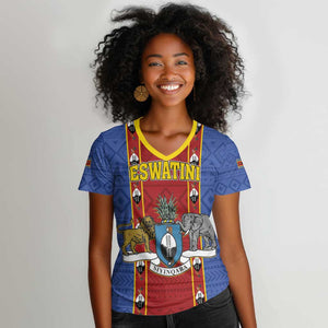 Eswatini African Pattern Women V-Neck T-Shirt Swaziland Shield Siyinqaba