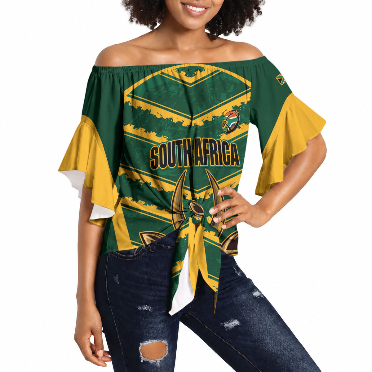 South Africa 2026 Rugby Custom Off Shoulder Wrap Waist Top Bokke Go Champions