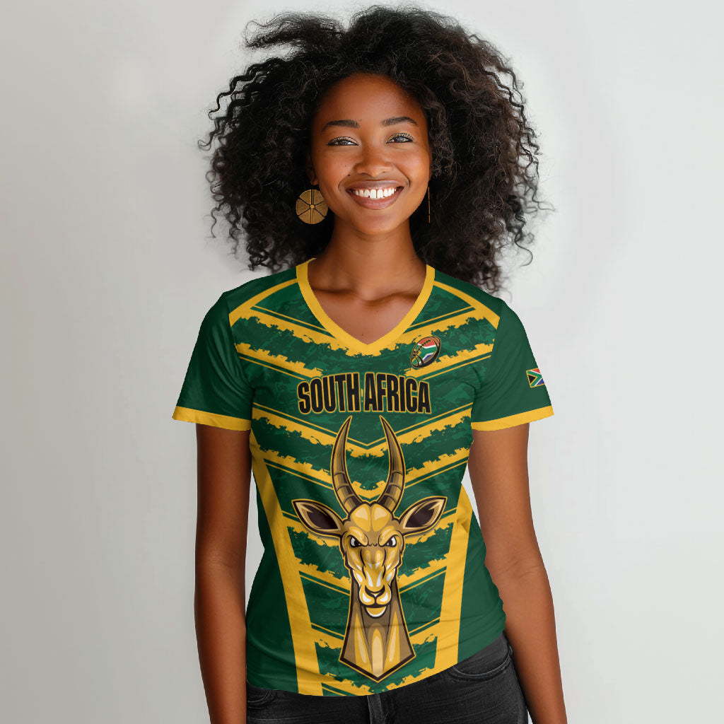 South Africa 2026 Rugby Custom Women V-Neck T-Shirt Bokke Go Champions