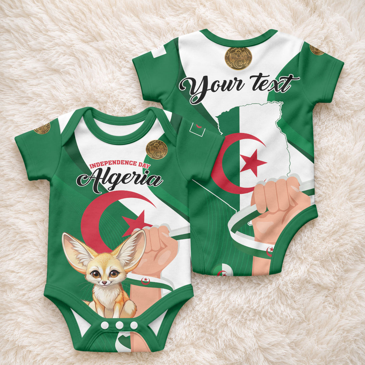 Personalized Algeria Fennec Fox Baby Onesie Happy Independence Day