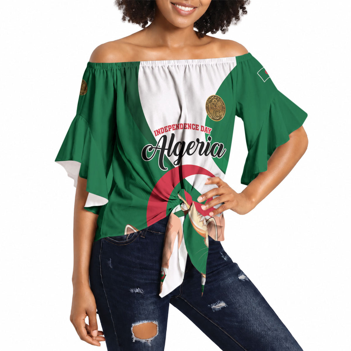 Personalized Algeria Fennec Fox Off Shoulder Wrap Waist Top Happy Independence Day