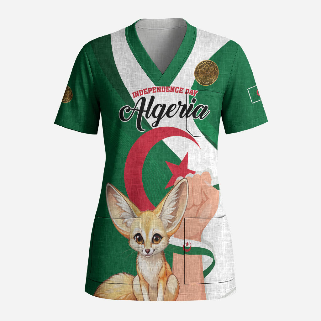 Personalized Algeria Fennec Fox Scrub Top Happy Independence Day