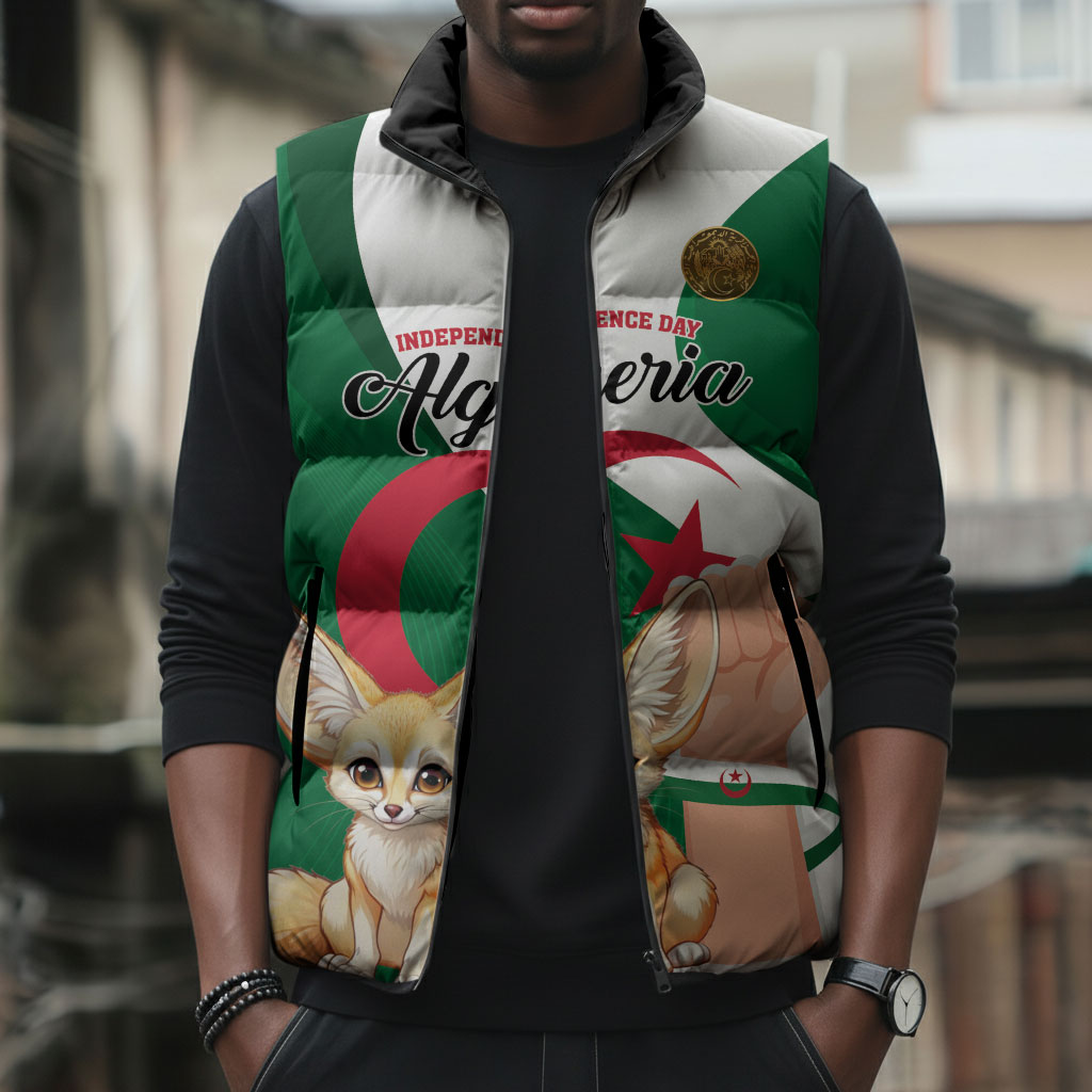 Personalized Algeria Fennec Fox Sleeveless Puffer Jacket Happy Independence Day