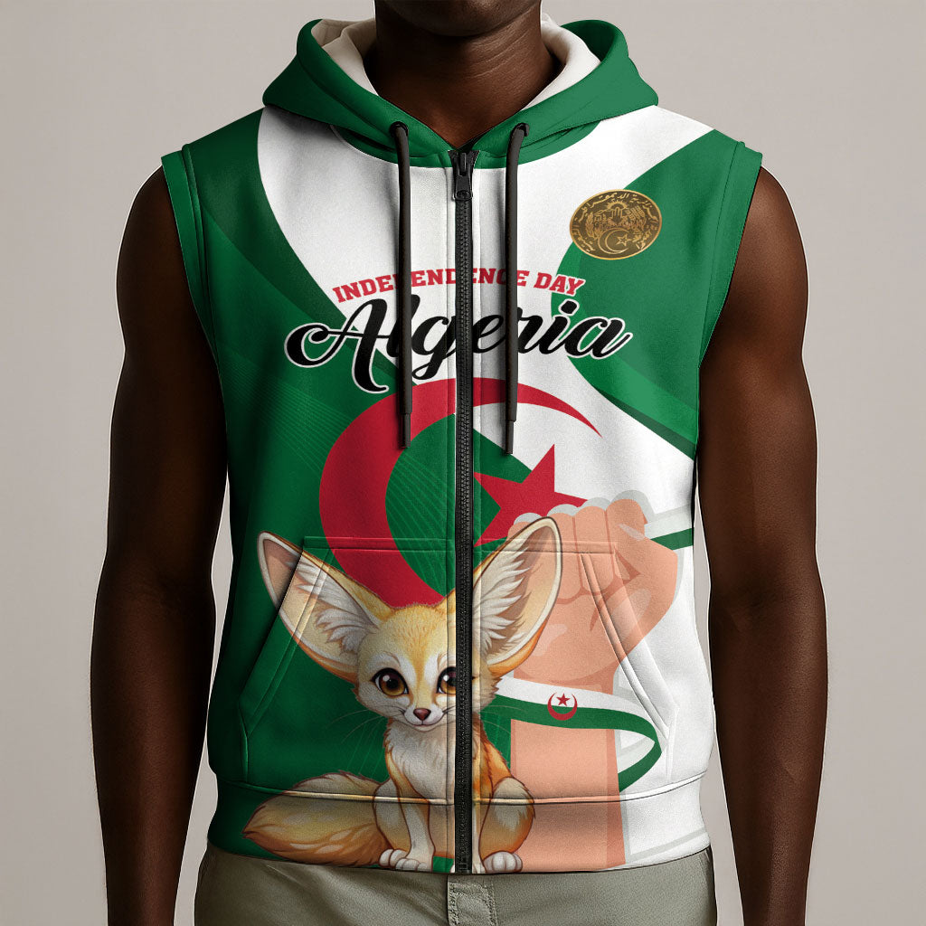 Personalized Algeria Fennec Fox Sleeveless Zip Hoodie Happy Independence Day