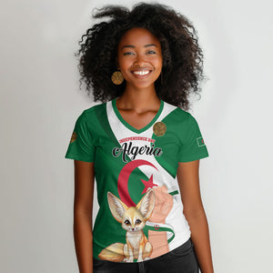 Personalized Algeria Fennec Fox Women V-Neck T-Shirt Happy Independence Day