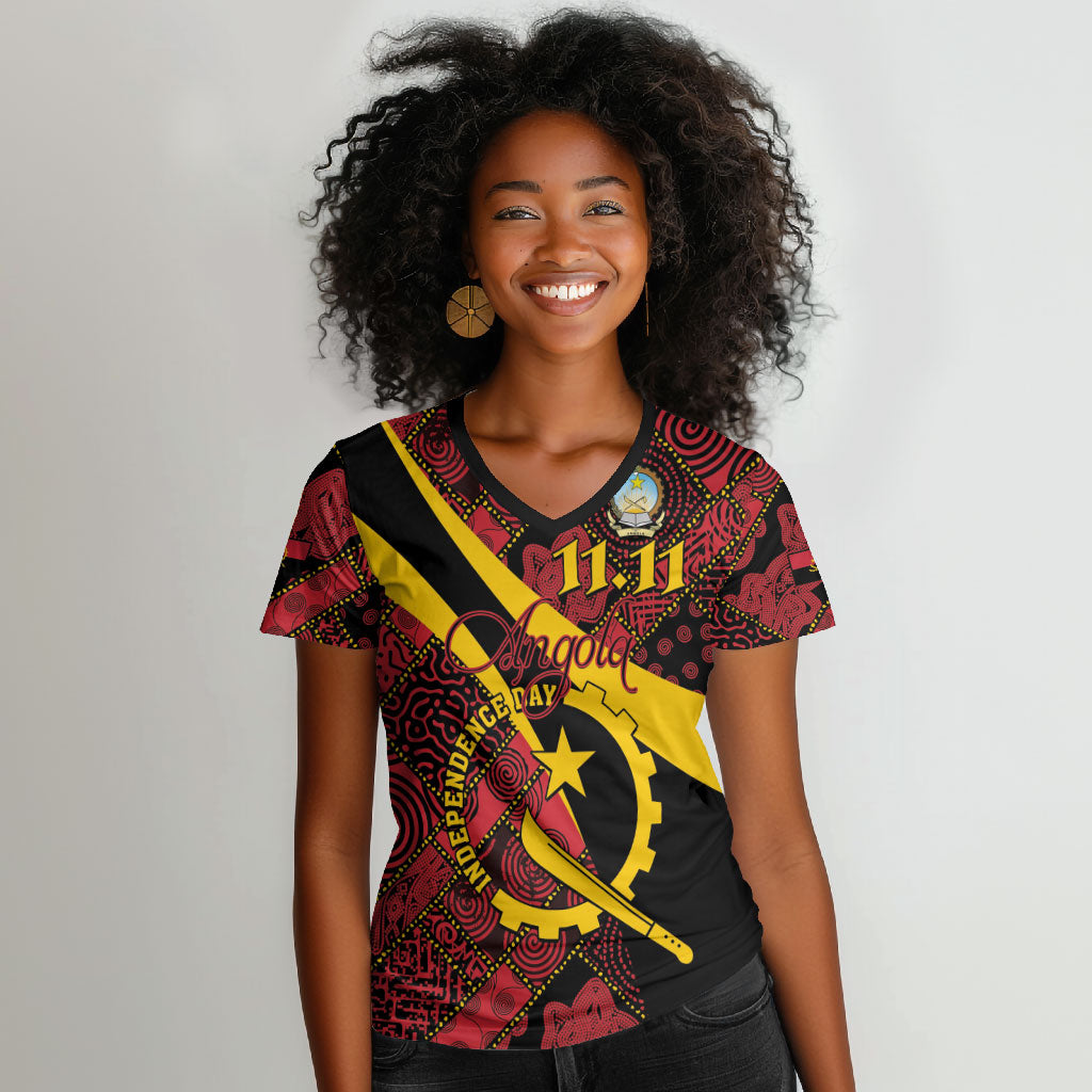 Personalized Angola Samakaka Pattern Women V-Neck T-Shirt Happy Independence Day