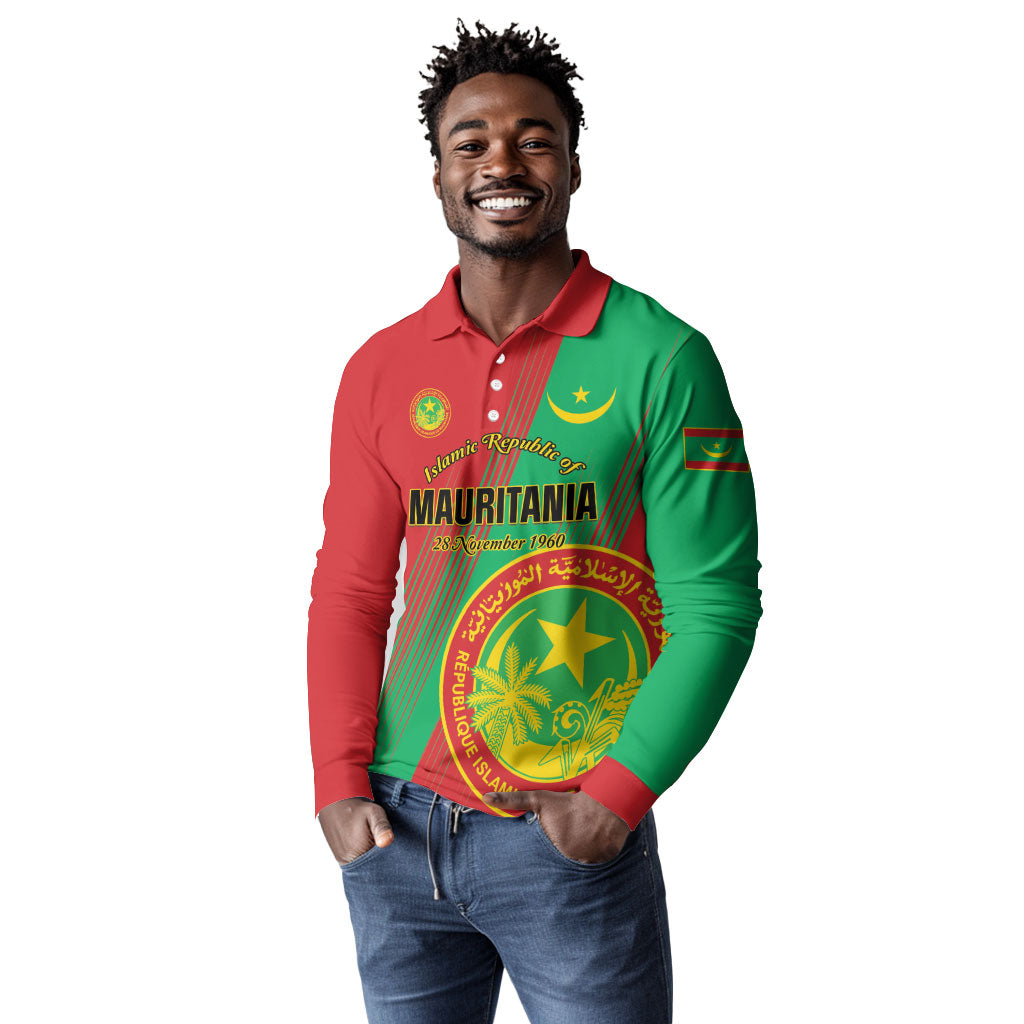 Personalized Islamic Republic of Mauritania Long Sleeve Polo Shirt Happy Independence Day