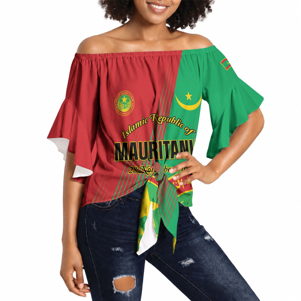 Personalized Islamic Republic of Mauritania Off Shoulder Wrap Waist Top Happy Independence Day