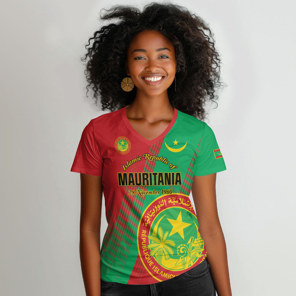 Personalized Islamic Republic of Mauritania Women V-Neck T-Shirt Happy Independence Day