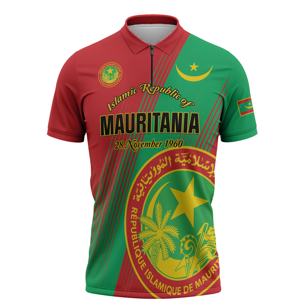 Personalized Islamic Republic of Mauritania Zipper Polo Shirt Happy Independence Day