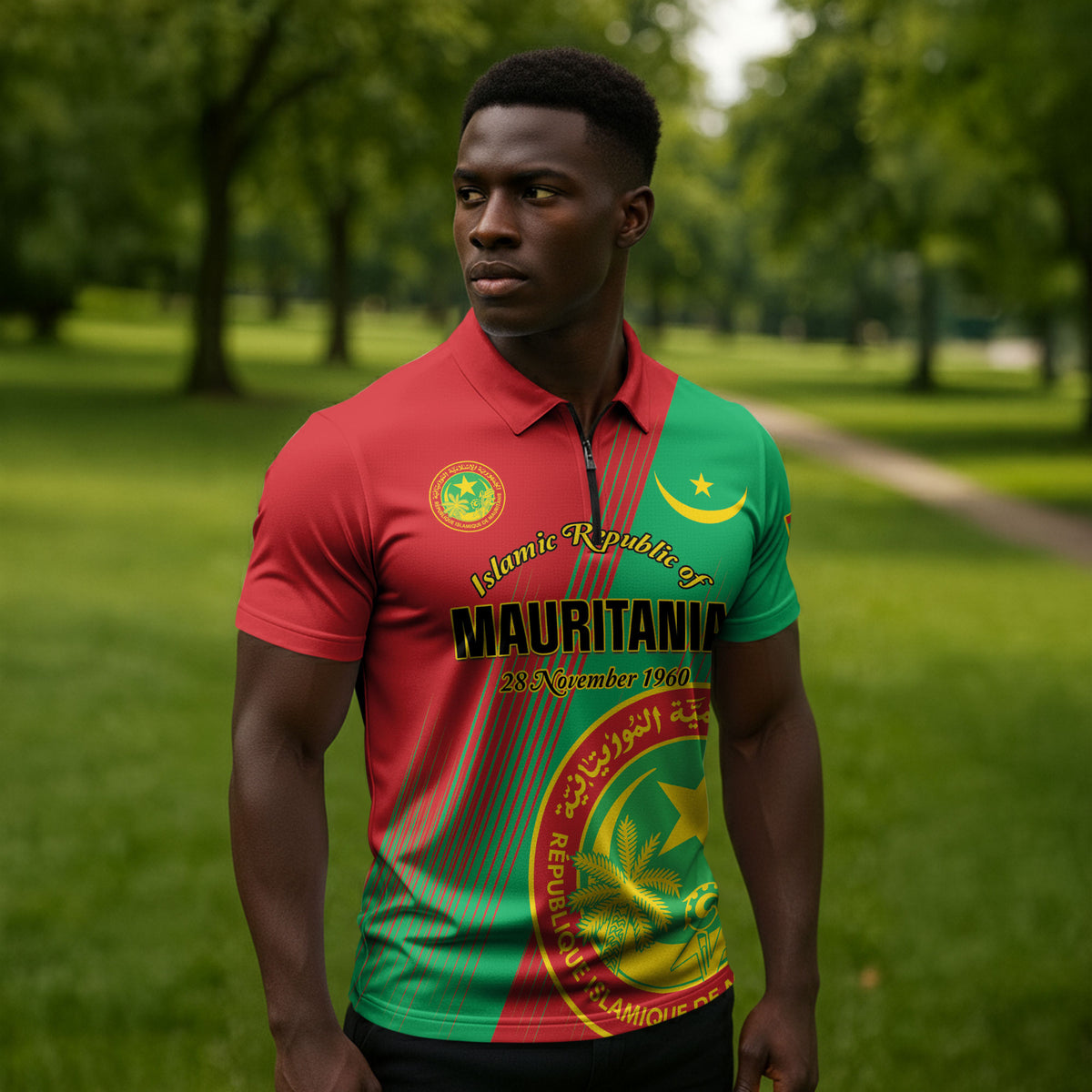 Personalized Islamic Republic of Mauritania Zipper Polo Shirt Happy Independence Day