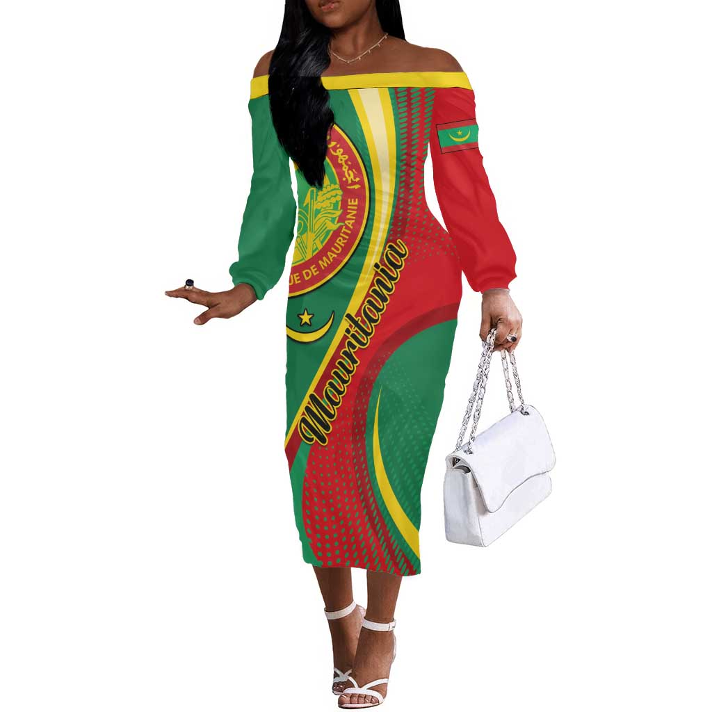 Personalized Mauritania Independence Day Off The Shoulder Long Sleeve Dress with Mauritanian Seal - Special Version