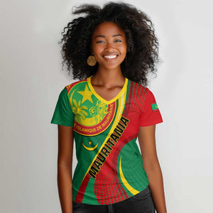 Personalized Mauritania Independence Day Women V-Neck T-Shirt with Mauritanian Seal - Special Version