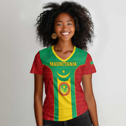 Support the Lions of Chinguetti - Mauritania Football Women V-Neck T-Shirt