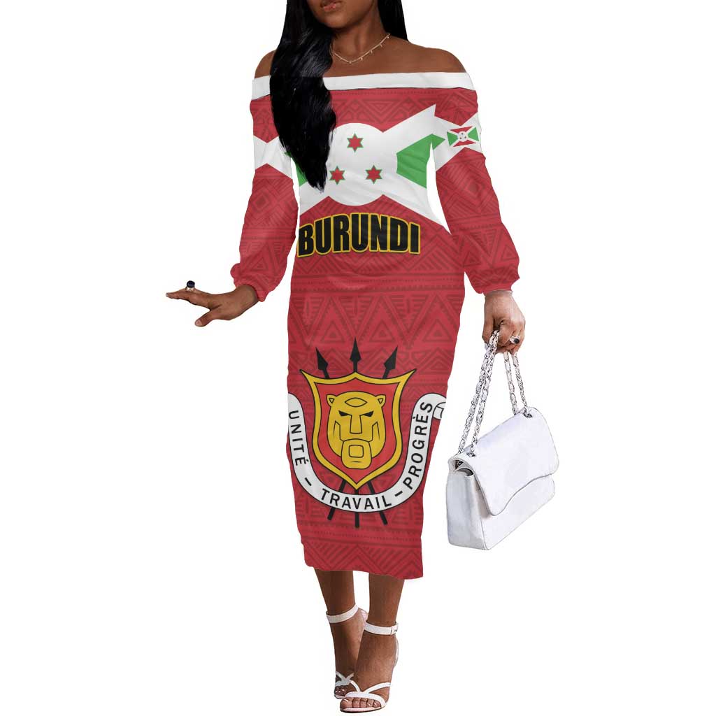 Personalized Burundi Off The Shoulder Long Sleeve Dress Coat Of Arms African Pattern