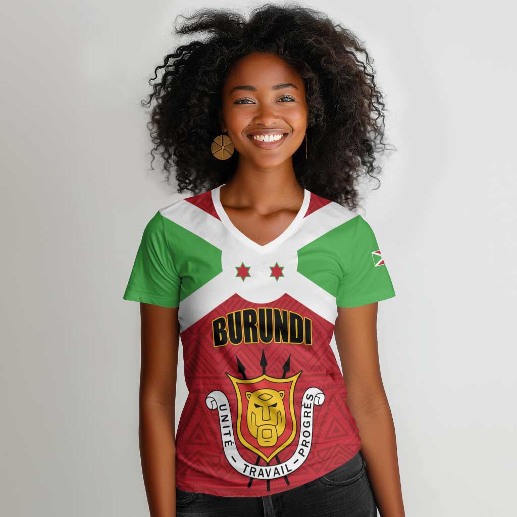 Personalized Burundi Women V-Neck T-Shirt Coat Of Arms African Pattern