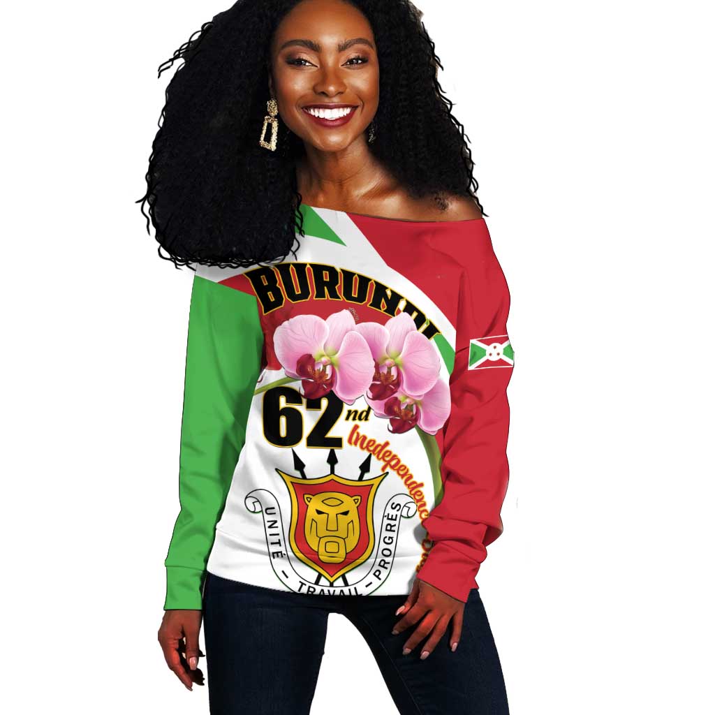 Personalized Burundi Independence Day Off Shoulder Sweater Coat Of Arms Bujumbura Flower