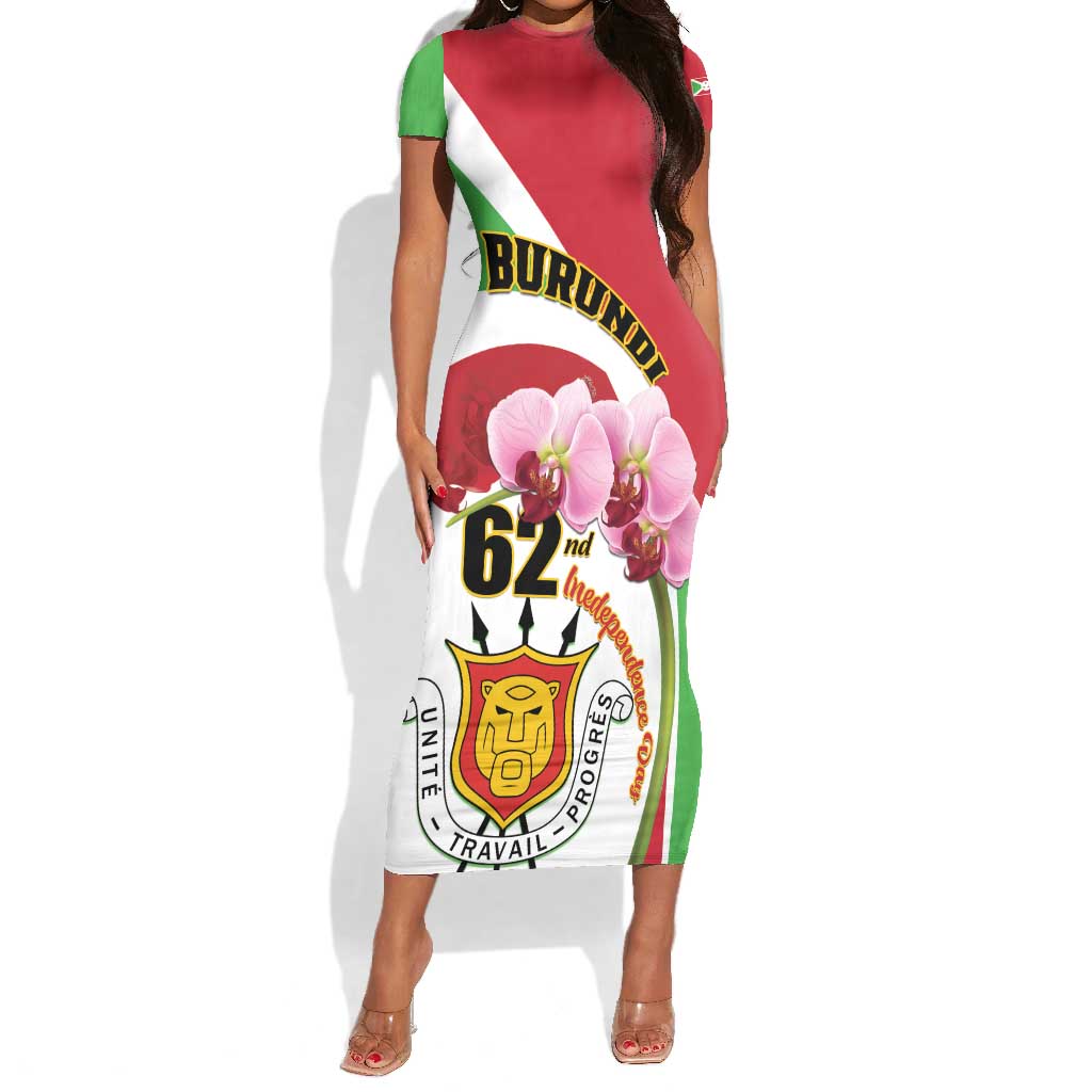 Personalized Burundi Independence Day Short Sleeve Bodycon Dress Coat Of Arms Bujumbura Flower