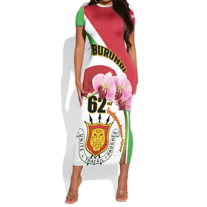 Personalized Burundi Independence Day Short Sleeve Bodycon Dress Coat Of Arms Bujumbura Flower LT01