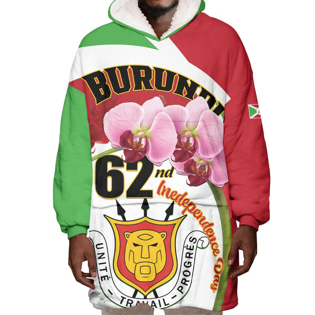 Personalized Burundi Independence Day Wearable Blanket Hoodie Coat Of Arms Bujumbura Flower