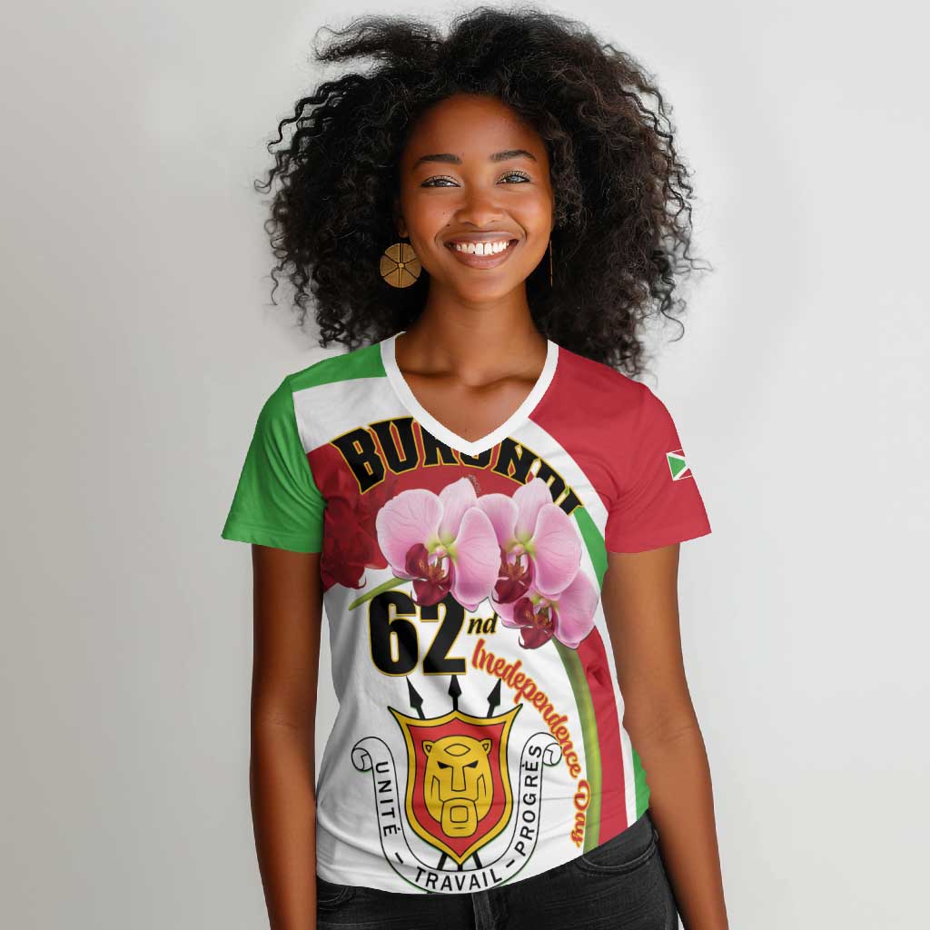 Personalized Burundi Independence Day Women V-Neck T-Shirt Coat Of Arms Bujumbura Flower