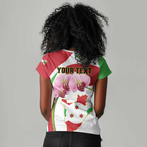 Personalized Burundi Independence Day Women V-Neck T-Shirt Coat Of Arms Bujumbura Flower