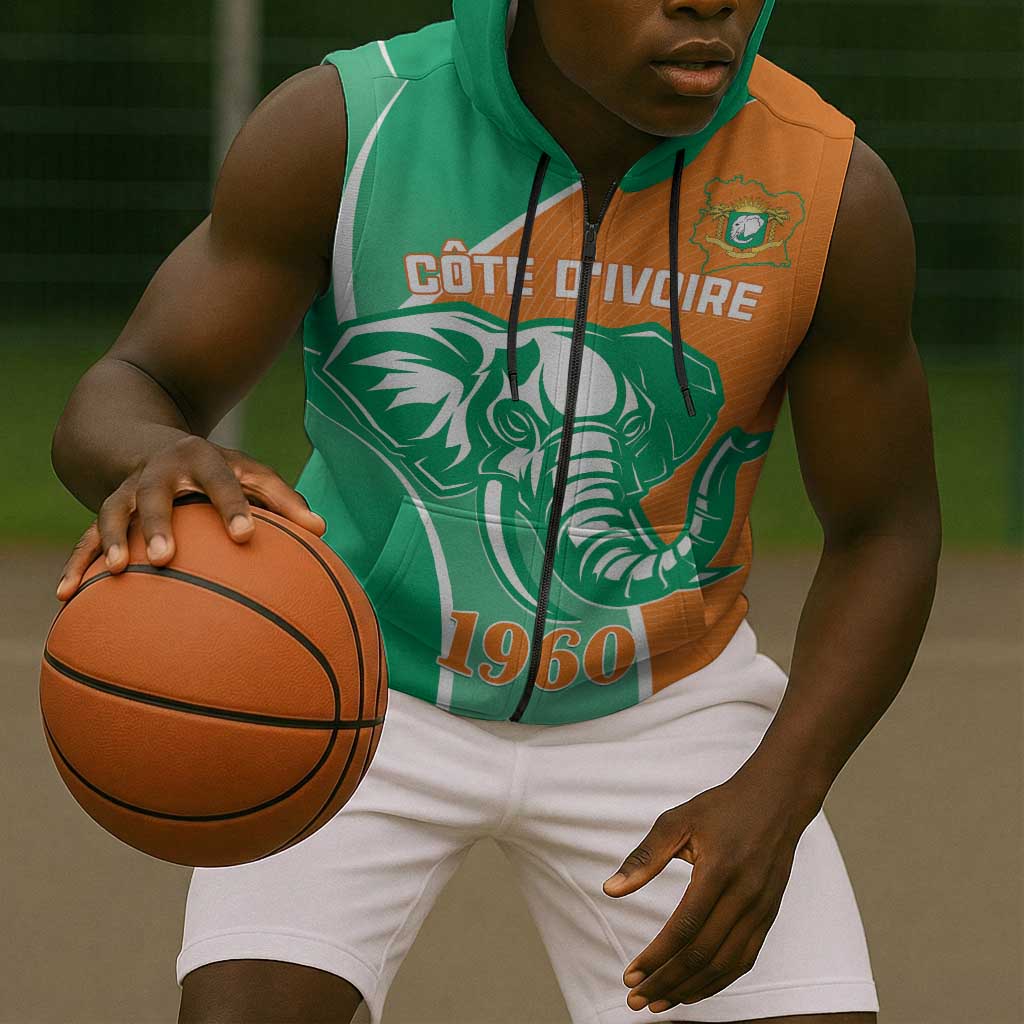 Ivory Coast Independence Day Sleeveless Zip Hoodie Cote d Ivoire Elephant - African Pride