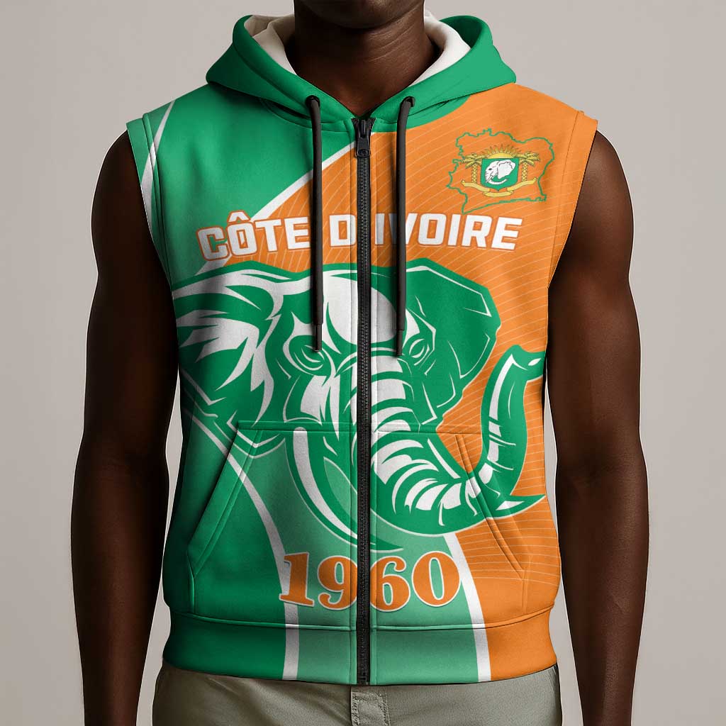 Ivory Coast Independence Day Sleeveless Zip Hoodie Cote d Ivoire Elephant - African Pride