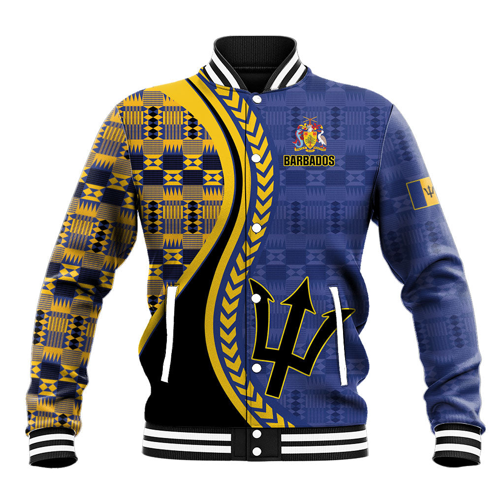 Personalized Barbados Trident Baseball Jacket Afro-Barbadians Kente Pattern