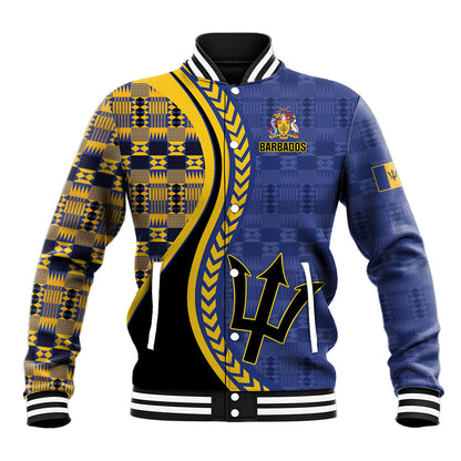 Personalized Barbados Trident Baseball Jacket Afro-Barbadians Kente Pattern