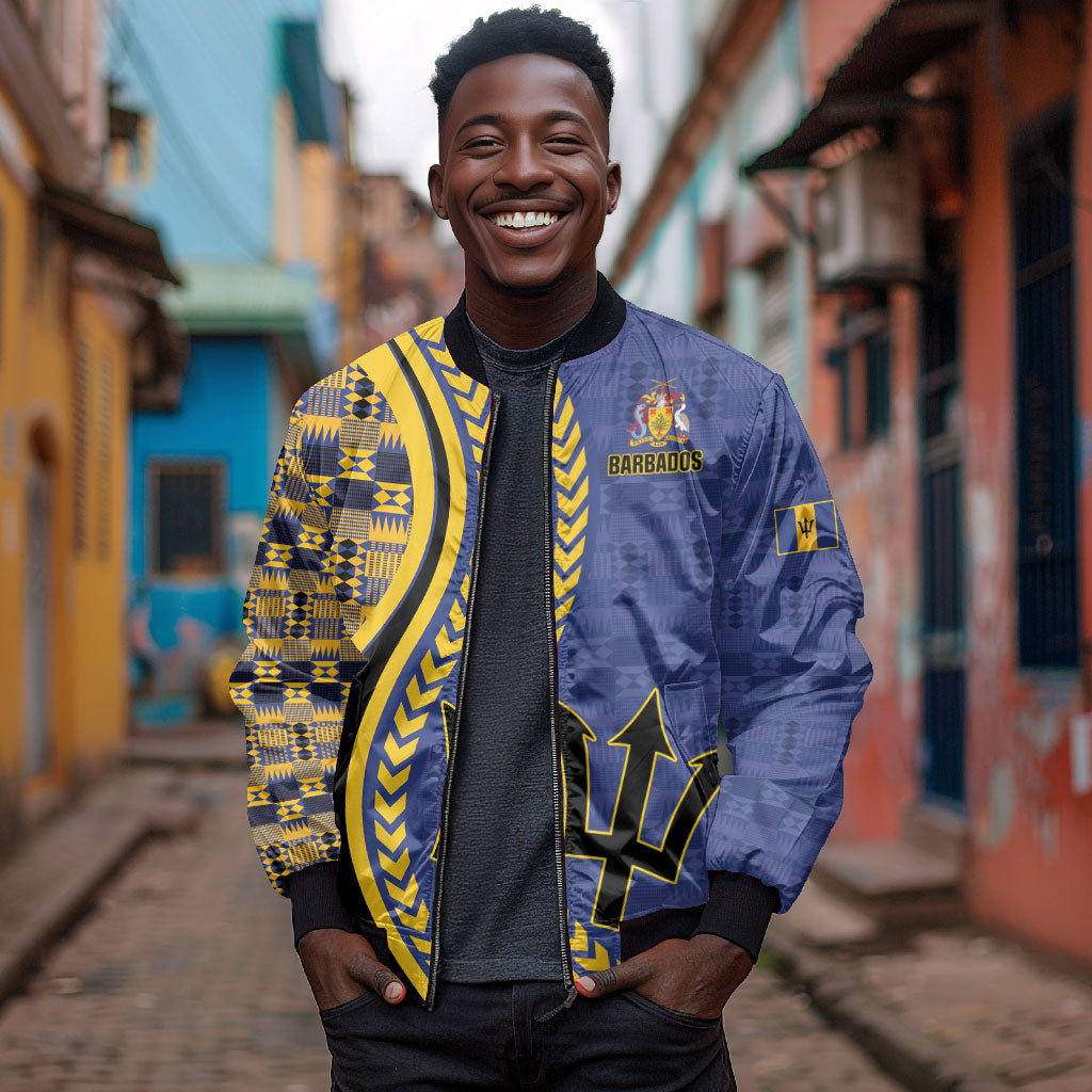 Personalized Barbados Trident Bomber Jacket Afro-Barbadians Kente Pattern