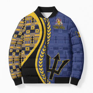 Personalized Barbados Trident Bomber Puffer Jacket Afro-Barbadians Kente Pattern