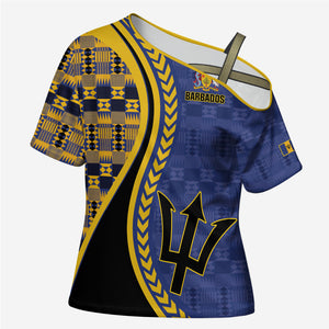 Personalized Barbados Trident Cross Shoulder Shirt Afro-Barbadians Kente Pattern