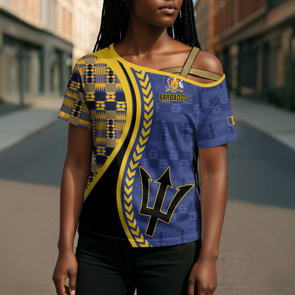Personalized Barbados Trident Cross Shoulder Shirt Afro-Barbadians Kente Pattern