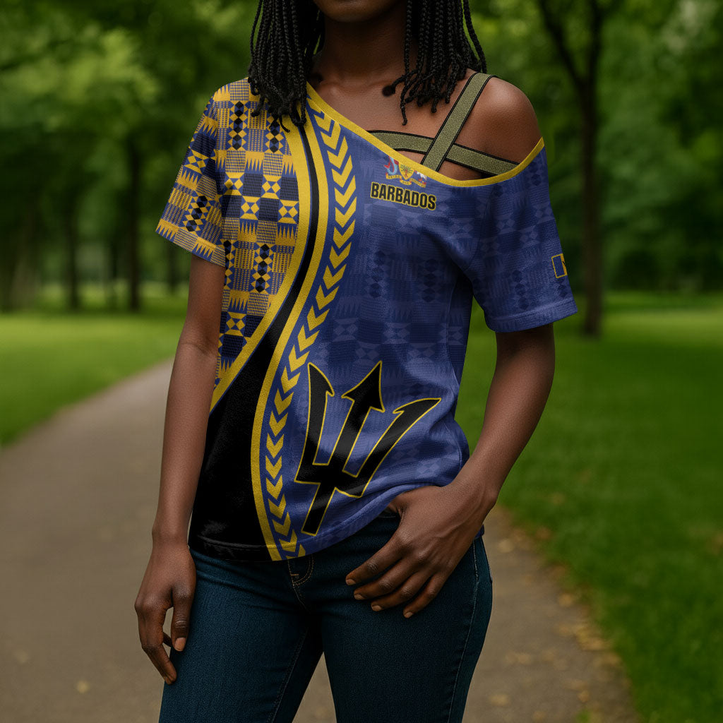 Personalized Barbados Trident Cross Shoulder Shirt Afro-Barbadians Kente Pattern