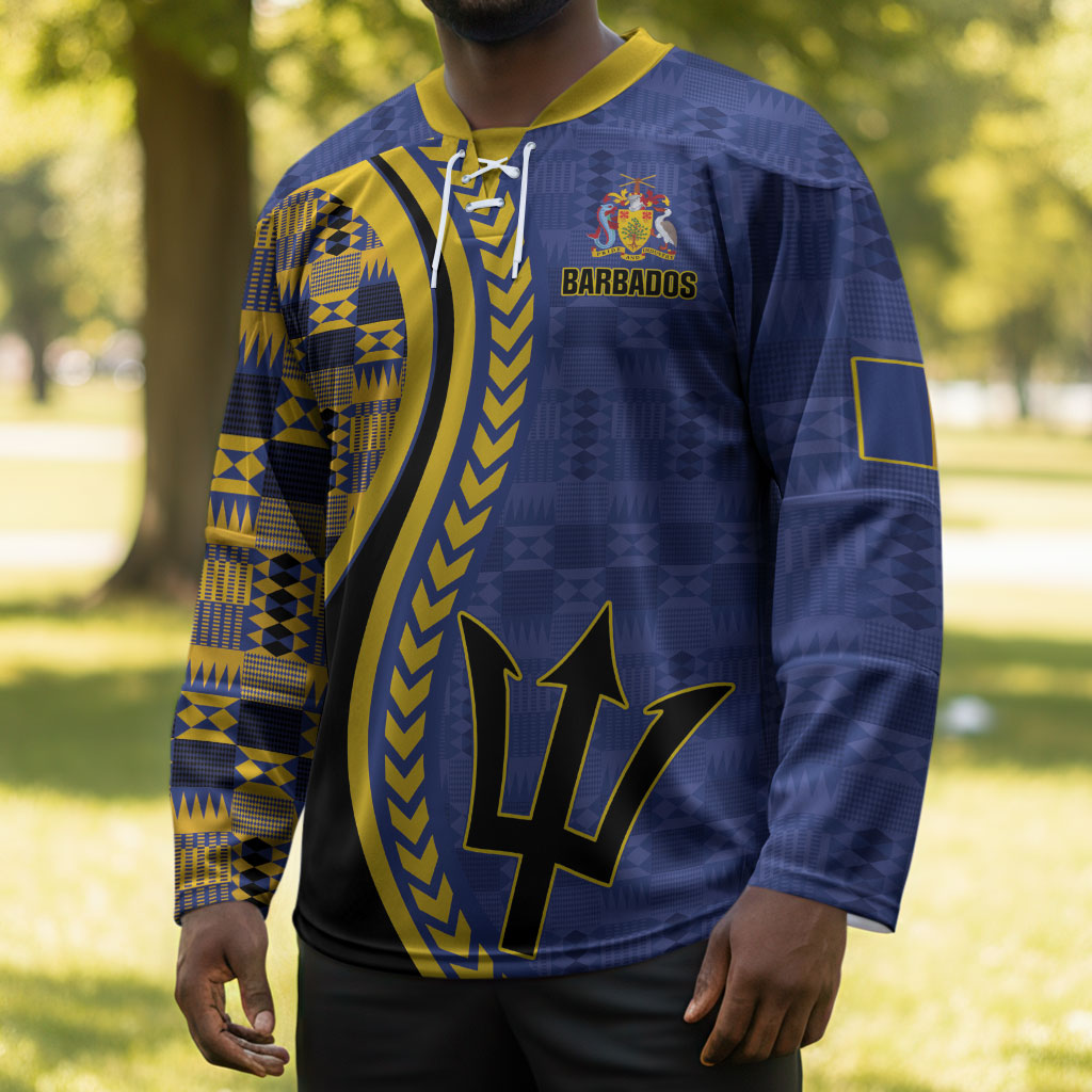Personalized Barbados Trident Hockey Jersey Afro-Barbadians Kente Pattern