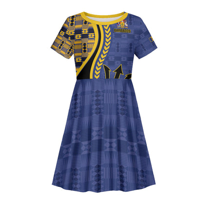 Personalized Barbados Trident Kid Short Sleeve Dress Afro-Barbadians Kente Pattern