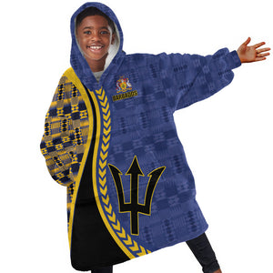 Personalized Barbados Trident Kid Wearable Blanket Hoodie Afro-Barbadians Kente Pattern